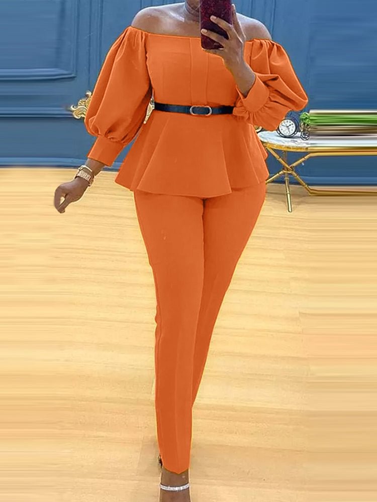 Solid Off Shoulder Lantern Sleeve Two Pieces Suit SKUJ13114 QueenFunky