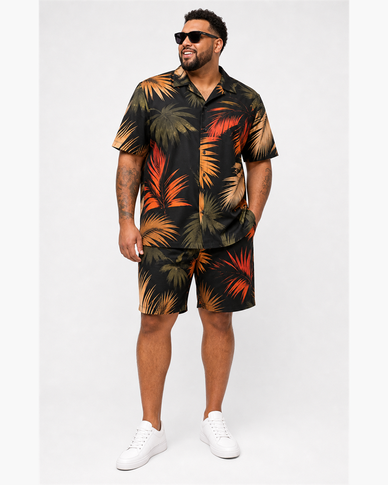 Big & Tall Palm Shadow Digital Print Short Sleeve Shirt and Shorts Set