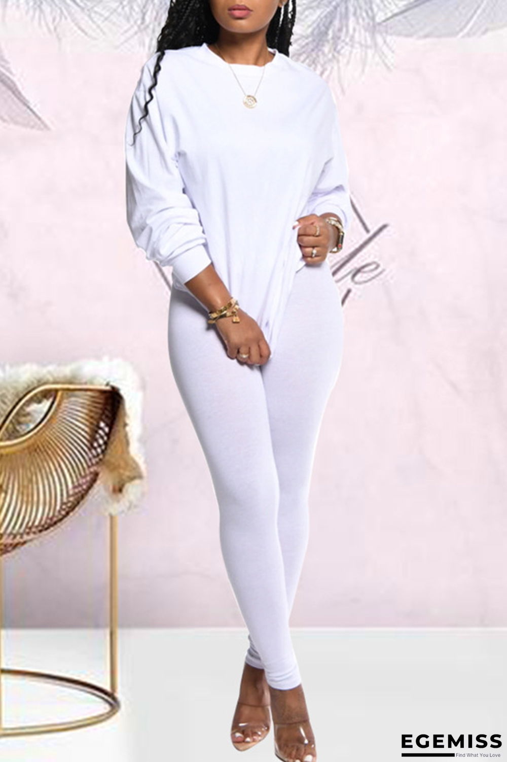 White Casual Solid Patchwork O Neck Short Sleeve Two Pieces | EGEMISS