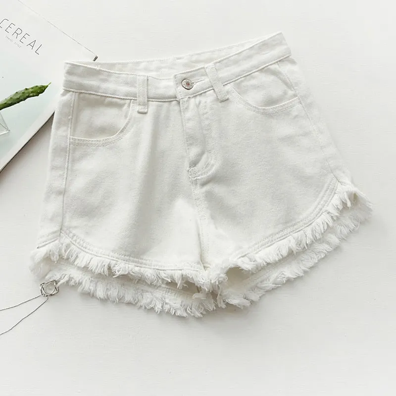 Zoki Sexy Tassel Women Denim Shorts Fashion Summer Slim Korean Chic Girl Ankle-Length Pants Black Jeans Washed Street Wear 2021