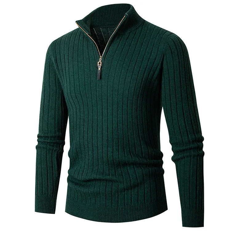 Men's long-sleeved vertical stripe half turtleneck zipper sweater