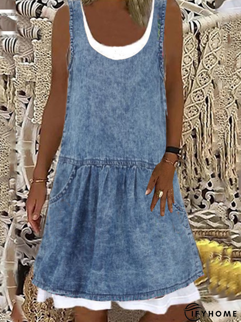 Vintage Sleeveless Denim Plain Weaving Dress | IFYHOME