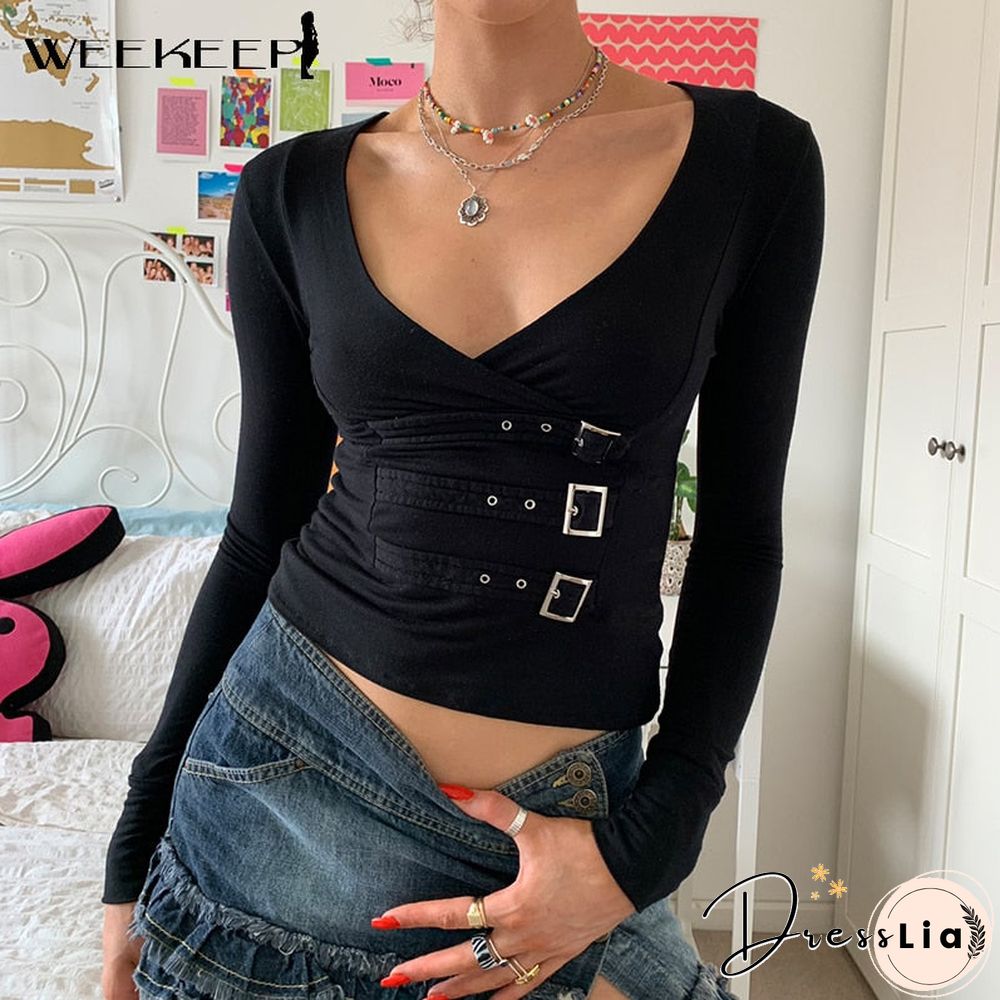Weekeep Casual Black Mall Goth Crop Top Women Sexy V Neck Long Sleeve T Shirt Autumn Fashion Buckle Streetwear Tee Y2k Aesthetic
