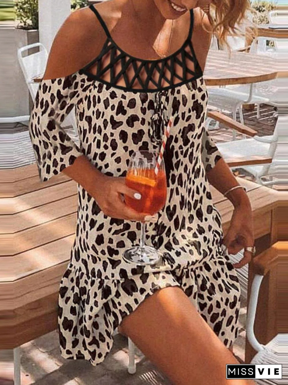 Leopard Print Stitching Hollow Sling Mini Dress P13160