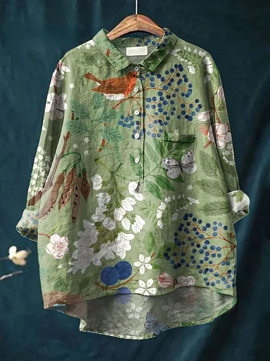Women's  Vintage Flower Print Casual Cotton And Linen Shirt