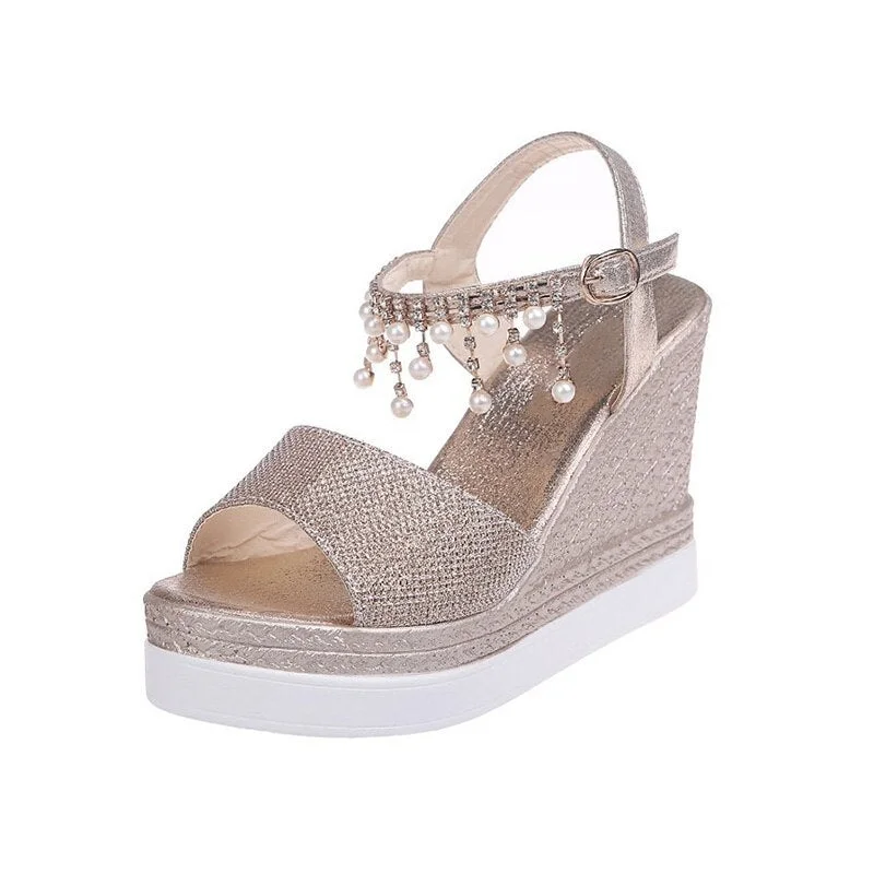 2021 New Women Wedge Sandals Summer Bead Studded Detail Platform Sandals Buckle Strap Peep Toe Thick Bottom Casual Shoes Ladies