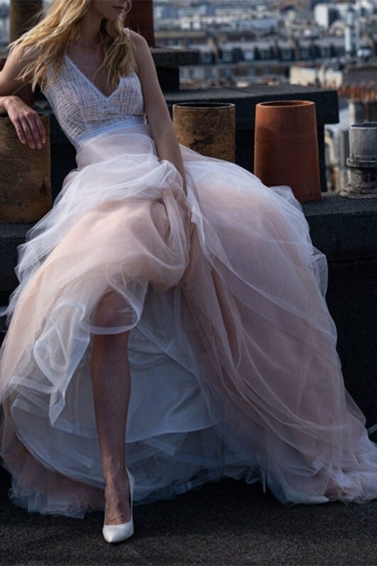 V-Neck Beach Wedding Dress Tulle Sleeveless PD0352