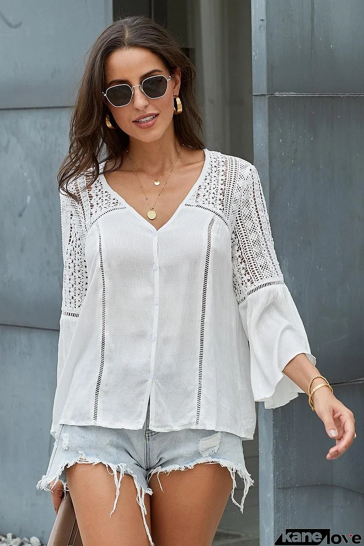 Flare Sleeve Spliced Lace V-Neck Shirt