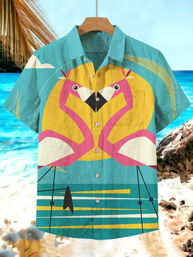 Men's Flamingo Irregular Contrast Holiday Print Short Sleeve Shirt