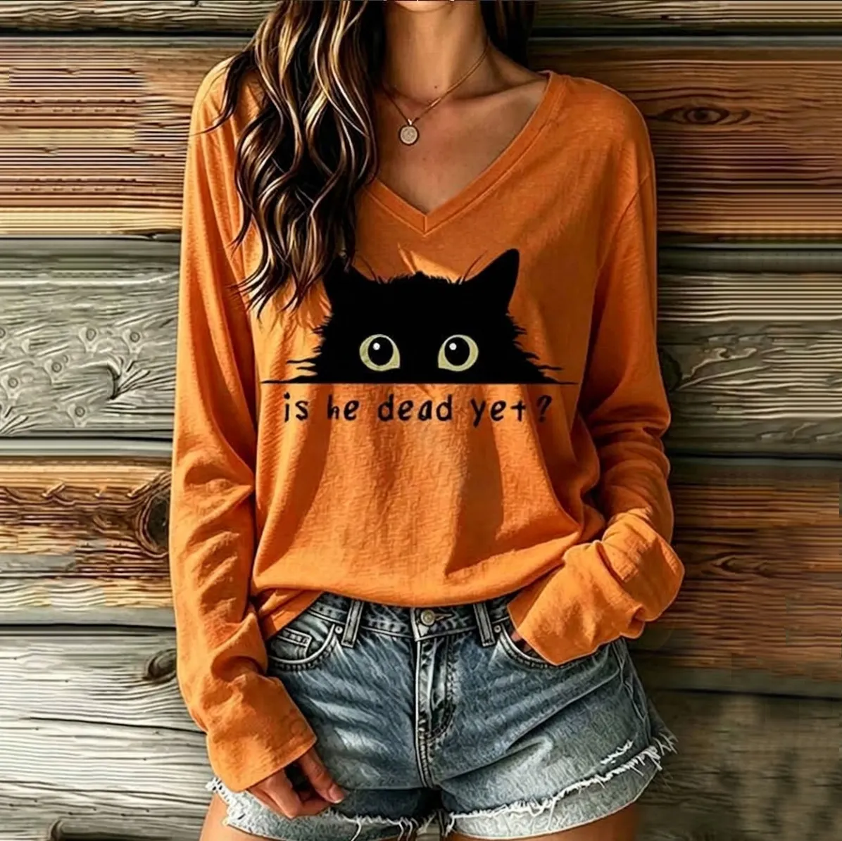Comstylish Women's Vintage Is He Dead Yet Black Cat Print V-neck Long Sleeve T-shirt