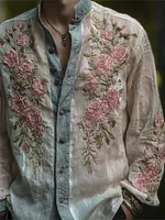 Men's Vintage Pink Roses Embroidered Contrast Bordered Linen Shirt