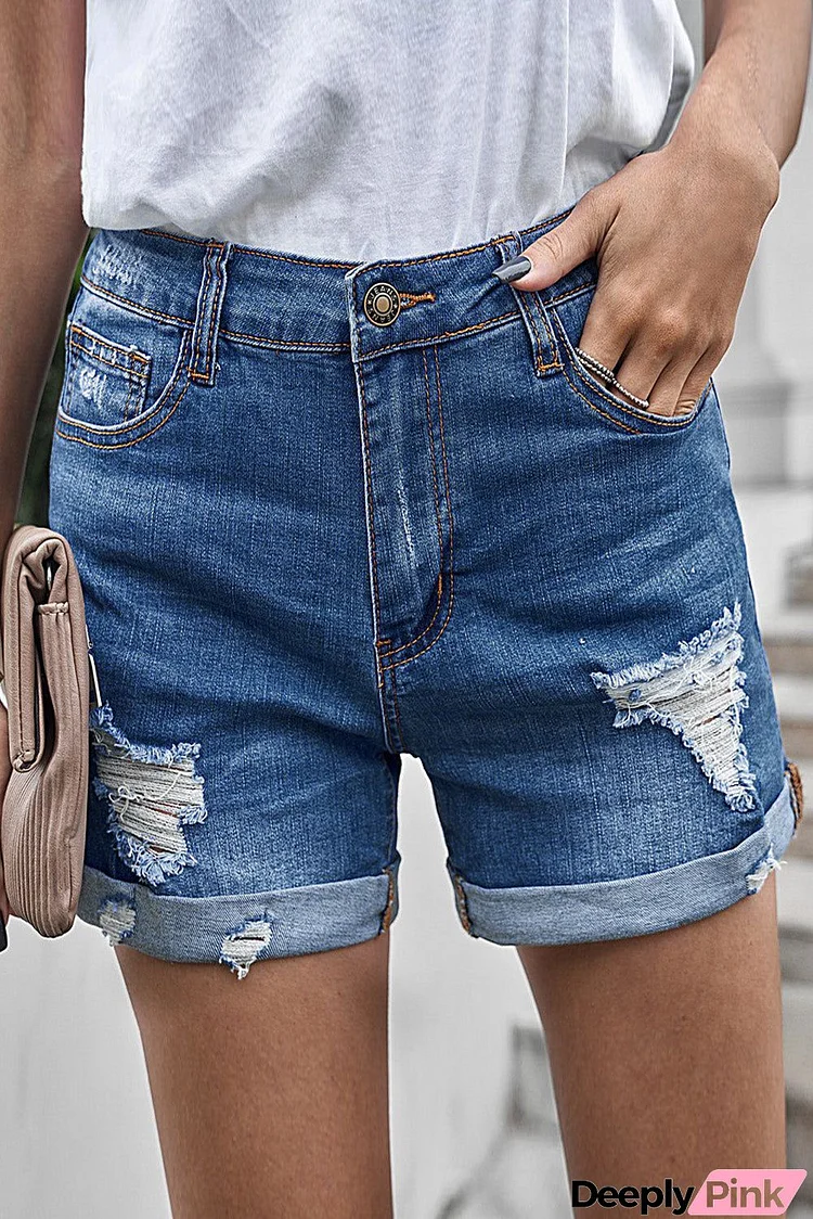 Women's Blue Folded Distressed Jeans Shorts
