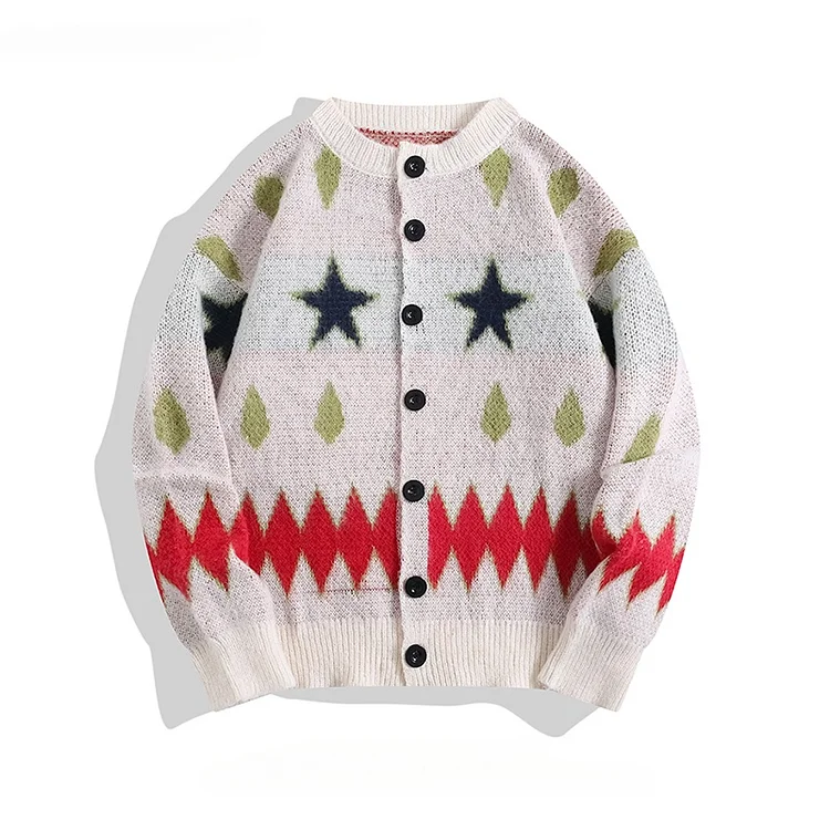 Demandernyc Autumn Winter O-neck Star Jacquard Deer Plush Cardigan Sweater Men's Trendy High Street Retro Couple Loose Casual Knitted Jacket