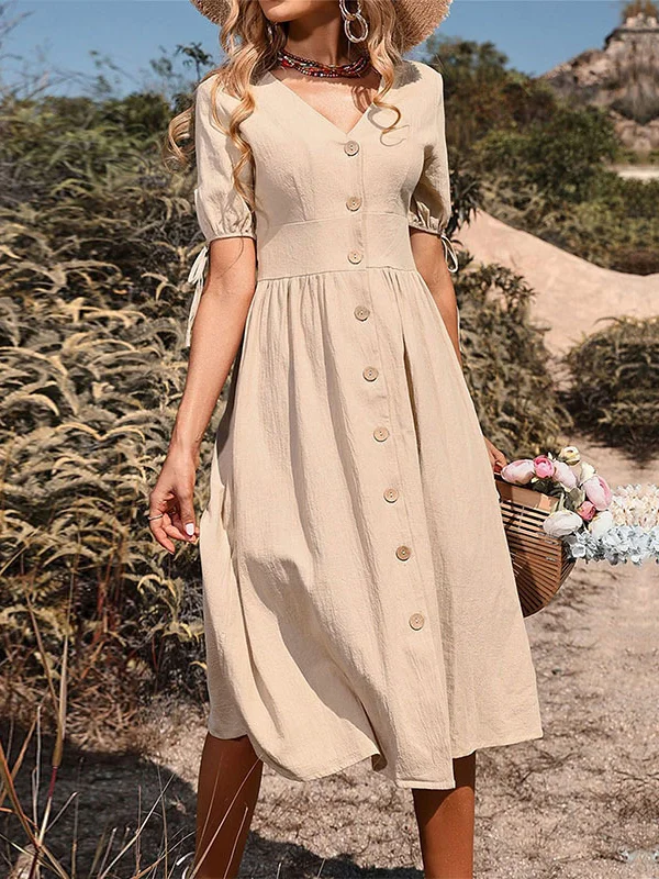 A-Line High Waisted Buttoned Hollow Pleated Split-Joint Tied V-Neck Midi Dresses