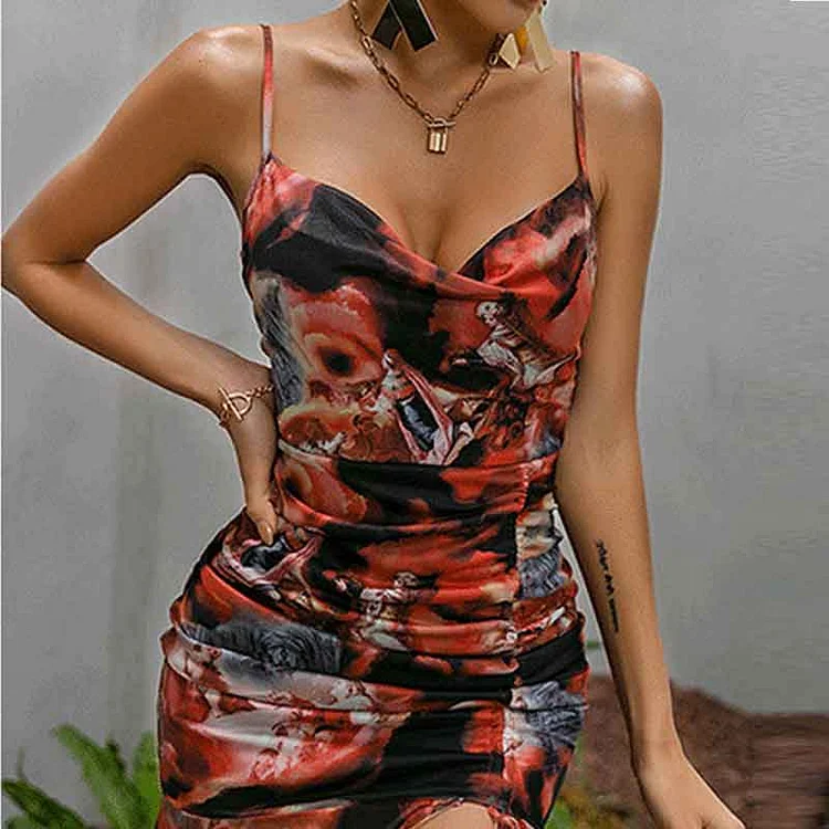 Print Sleeveless Spaghetti Strap Ruched Dress - IRBOOM Fashion Clothing