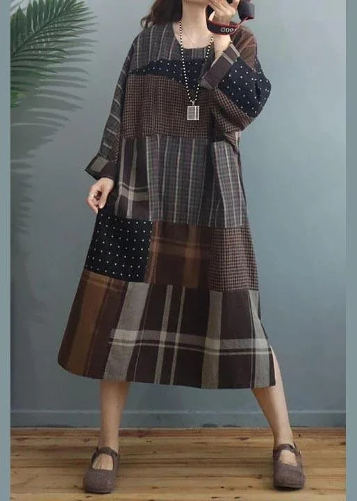 Loose Cotton Linen Dress Casual Spring Stitching Dots Plaid Dress