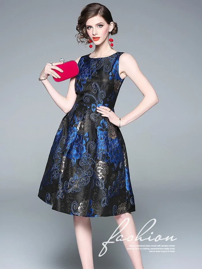 Temperament gold silk jacquard waist sleeveless dress