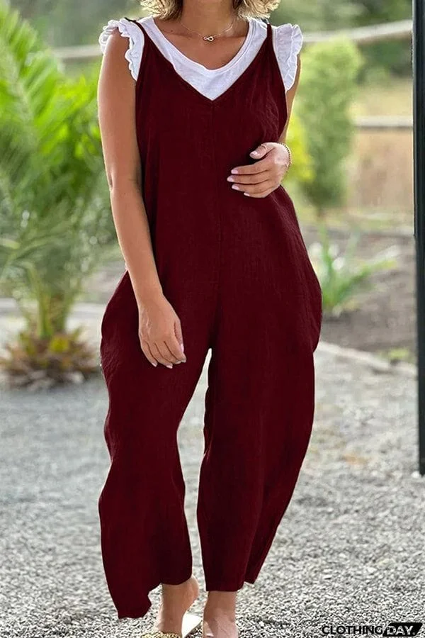 V-neck wide-leg pants suspenders solid color long jumpsuit