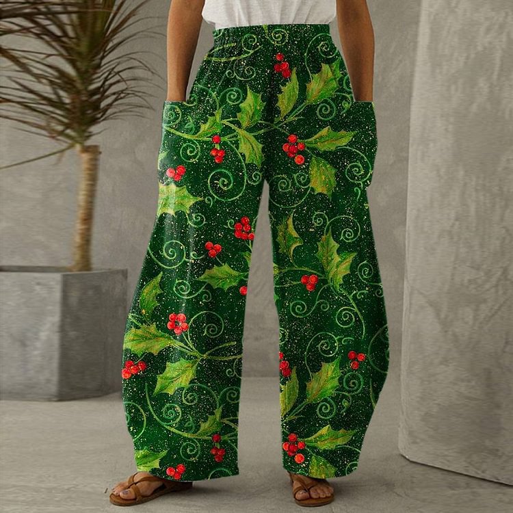 Full Print Pumpkin Vine Designer Print Women Green Wide-leg Pants