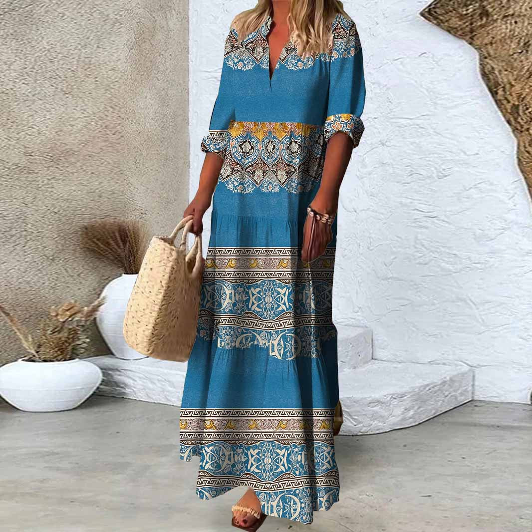 Women Retro,Apricot,Blue DZDN0733 SPU Printed Long Sleeve V-neck Maxi Dress