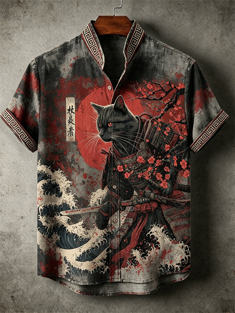 Comstylish Men's Bloody Cat Samurai Plum Blossom & Sea Waves Linen Shirt