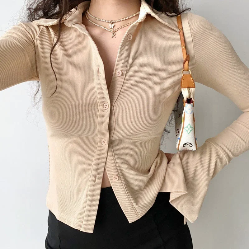 Woherb Polo Neck Long Sleeve Rib Blouse-Outfit Ideas