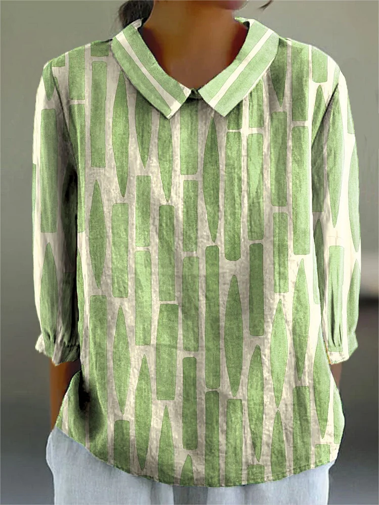 Women's Vintage Geometric Art Print Casual Cotton And Linen 3/4 Sleeve Shirt