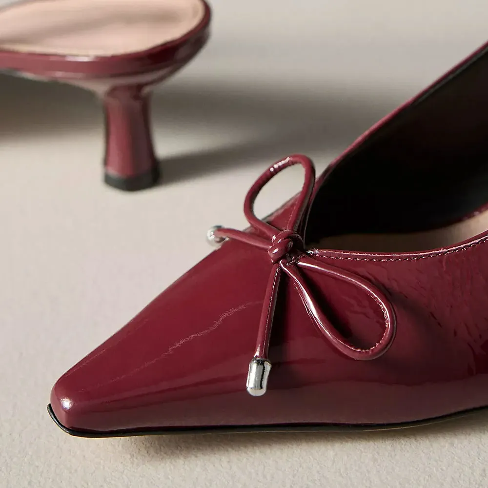 Maroon Patent leather Pointed Toe Slingback Cute Bow Pumps Shoes