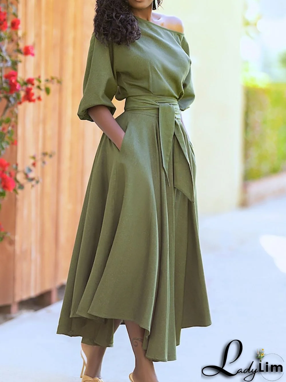 Spring Elegant Green Sloping Shoulder Half Sleeve With Belt Dress