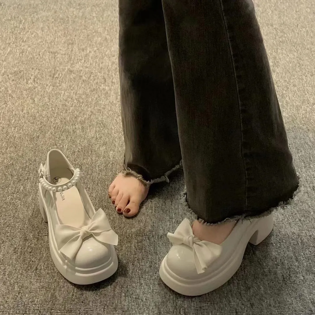 Breakj Breakj Jane Small Leather Shoes Women Thick Soles Raised Sweet Bows Shallow Single Shoes Buckle English Style Women's Shoes