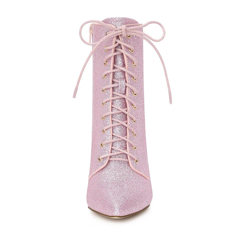 Pink Pointed Toe Side Zipper Lace Up Booties for Women with Glitter