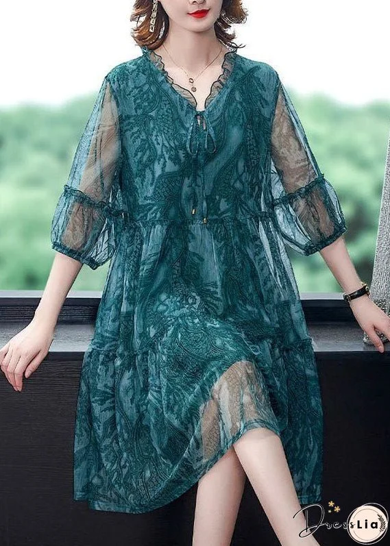 Plus Size Blue V Neck Print Tulle Holiday Dress Summer