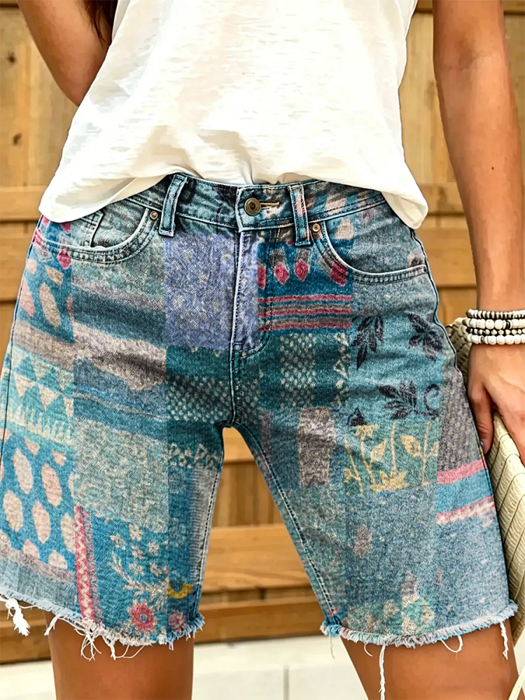 Women's Boho Patchwork Print Frayed Hem Denim Shorts