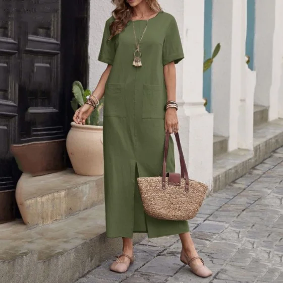 Women's 2024 Casual Dress Cotton Linen Crew Neck Short Sleeve Long Maxi Dress