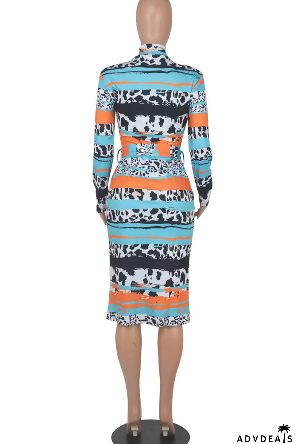 Yellow Blue Casual Print Patchwork With Belt Zipper Collar One Step Skirt Dresses