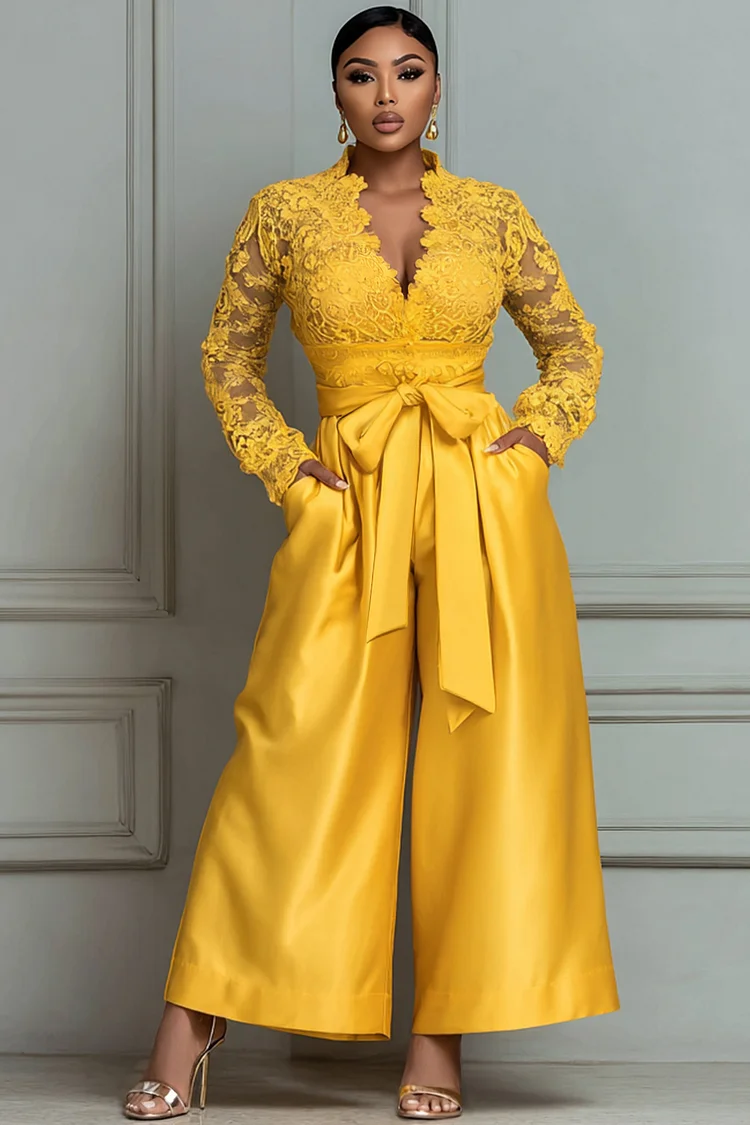 Xpluswear Design Plus Size Cocktail Party Lace Gold V Neck Long Sleeve Pocket Elegant Wrap Satin Jumpsuits 2024 - Xpluswear