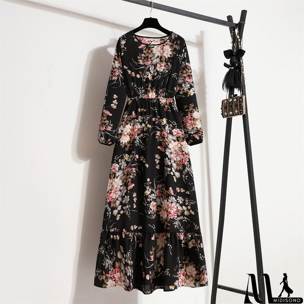 MidiSono - Women Fashion Casual Floral Print Round Neck Long Sleeve Maxi Dress