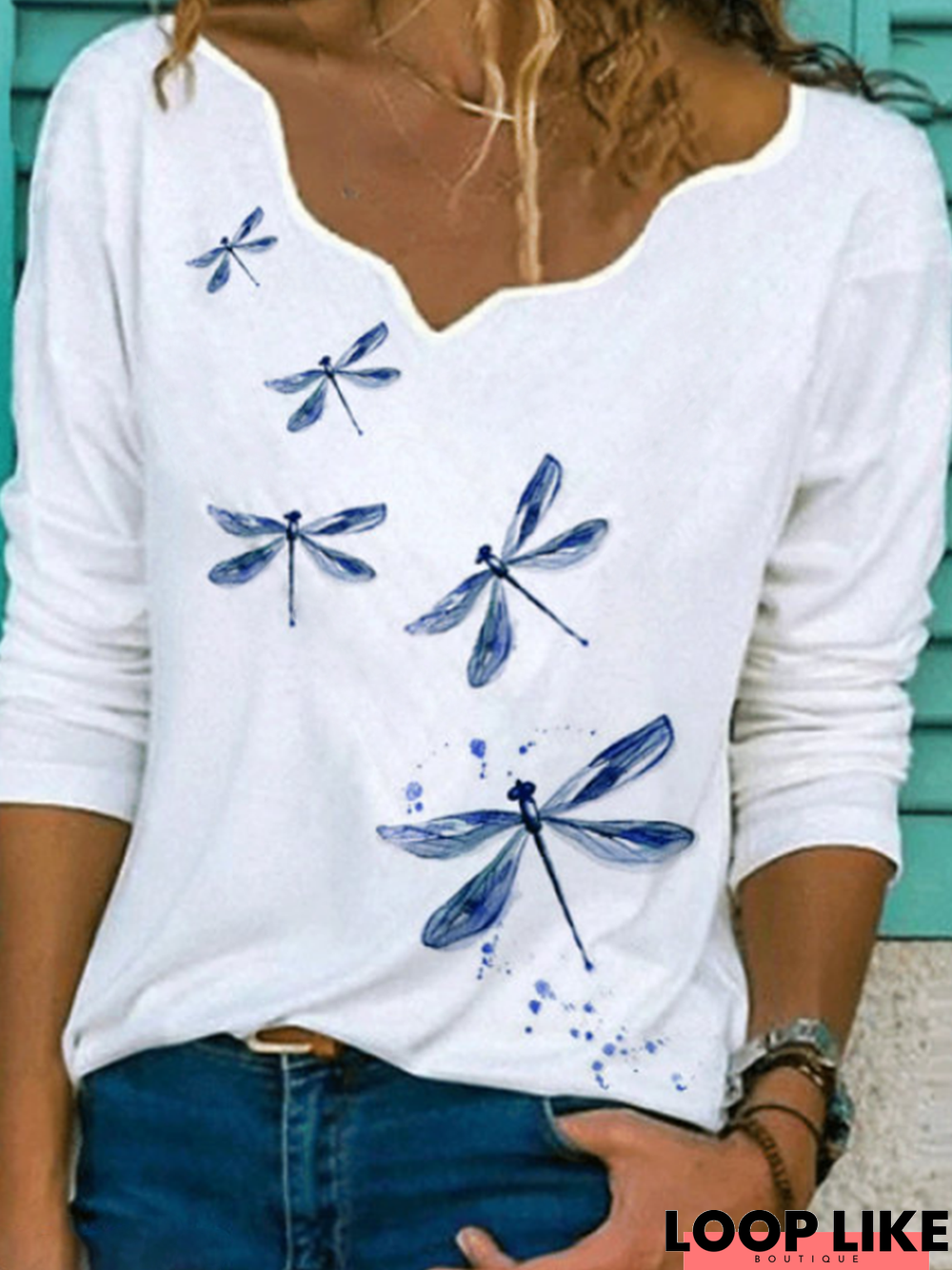 White Printed V Neck Casual Long Sleeve Shift Tops