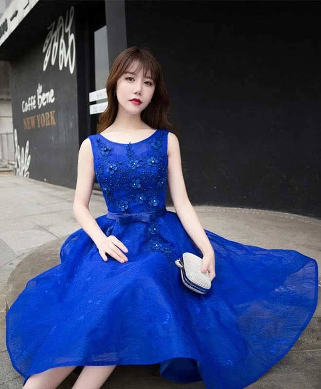 Royal Blue Lace A Line Short Prom Dress, Evening Dress