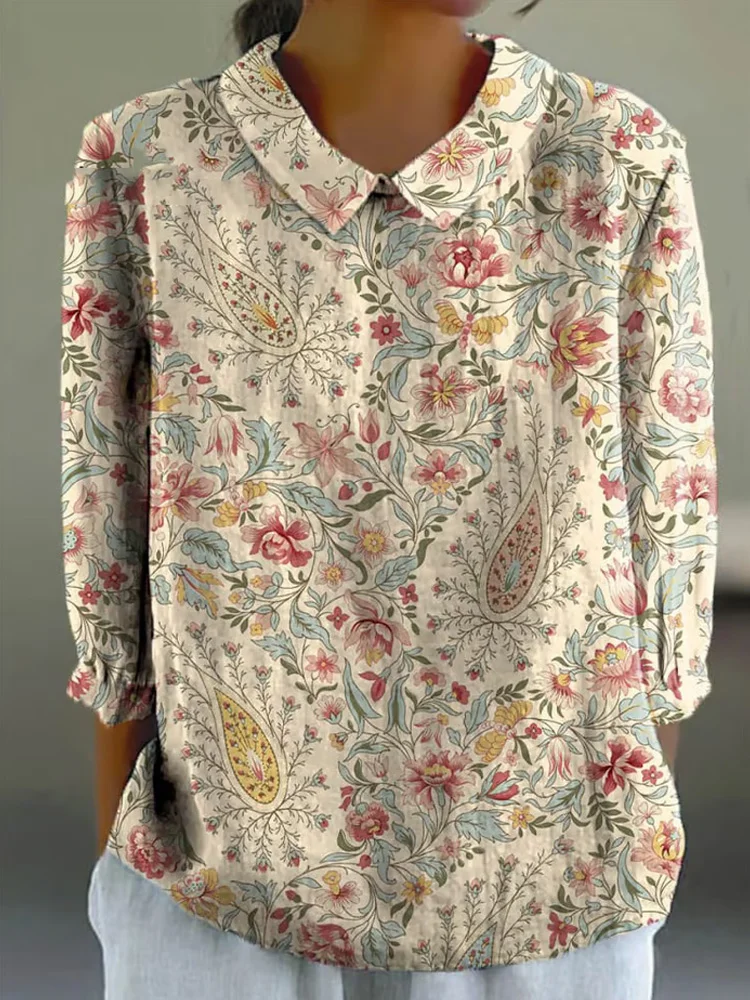 Women's Vintage Botanical Floral Patchwork Art Print Design Lapel Shirt