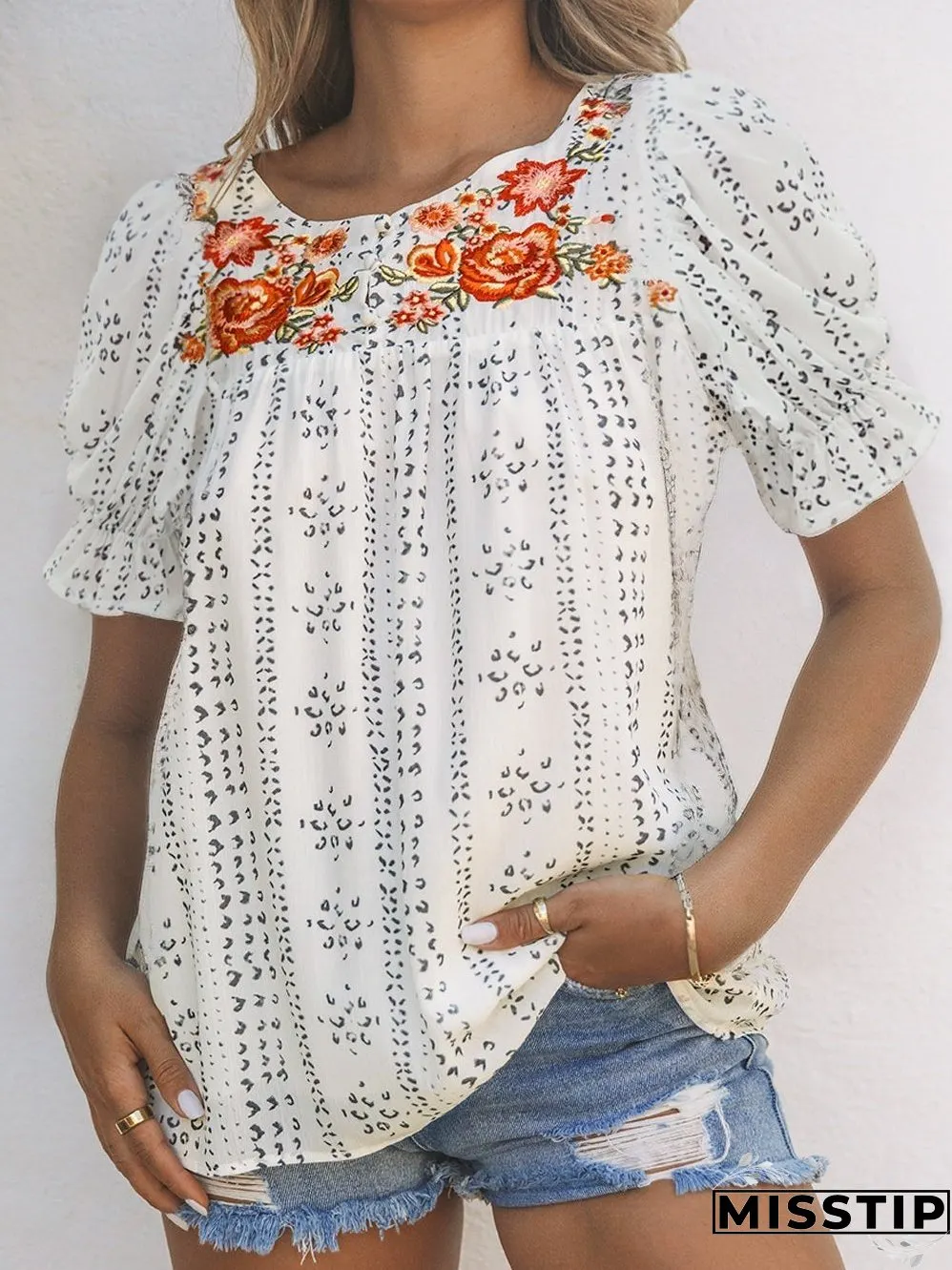 White Floral Embroidered Lightweight Summer Blouse