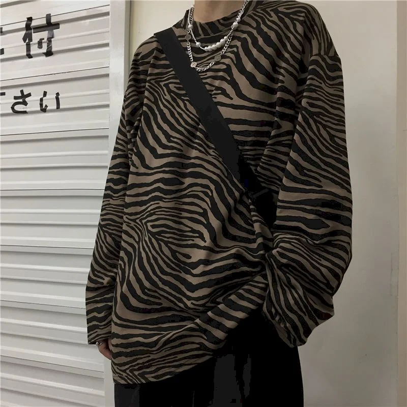 T-shirt men and women tie-dye couples autumn clothing 2020 new Korean retro zebra pattern long-sleeved t-shirt loose top