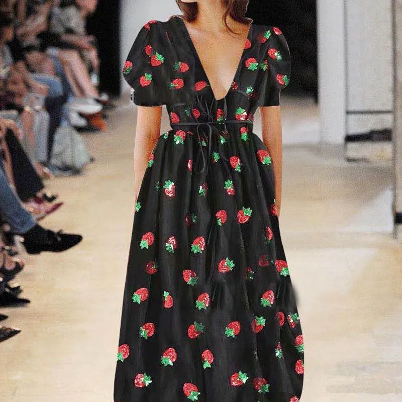 Women's Pink Strawberry Embroidery Tulle Dress