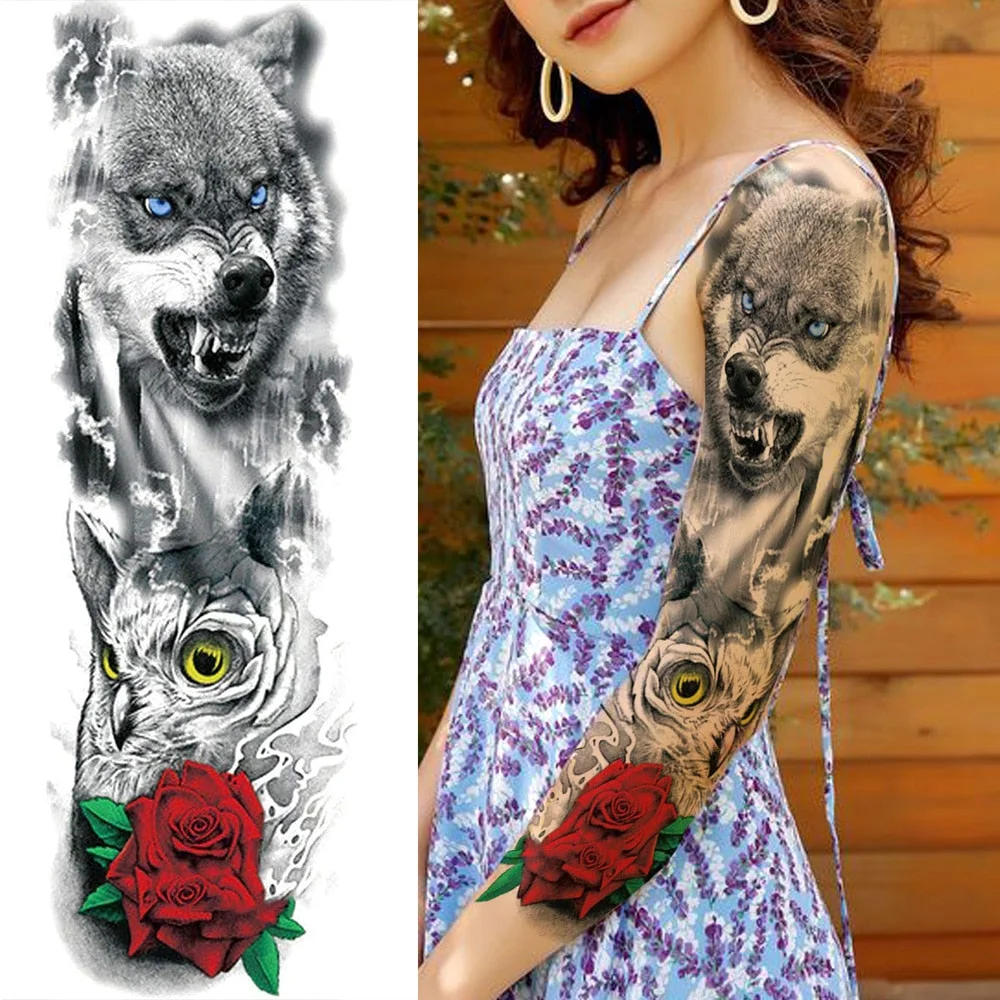 Sexy Wolf Full Flower Arm Temporary Tattoo Stickers For Men Body Art Sleeve Tattoo Decals Girl Women Waterproof Tatoo Fox Legs