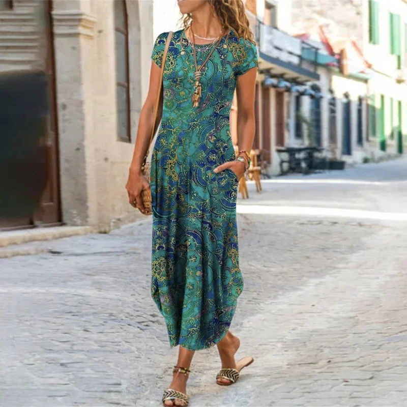 Printed Crew Neck Short Sleeve Midi Dress