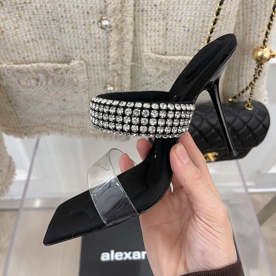 2022 New Rhinestone AW Transparent PVC Sandals Luxury High Heel Stilettos Sexy Pumps Summer Peep Toe Women Square head Shoes 7cm