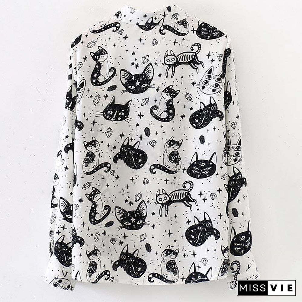 Cute Kitten Print Long Sleeve Shirt