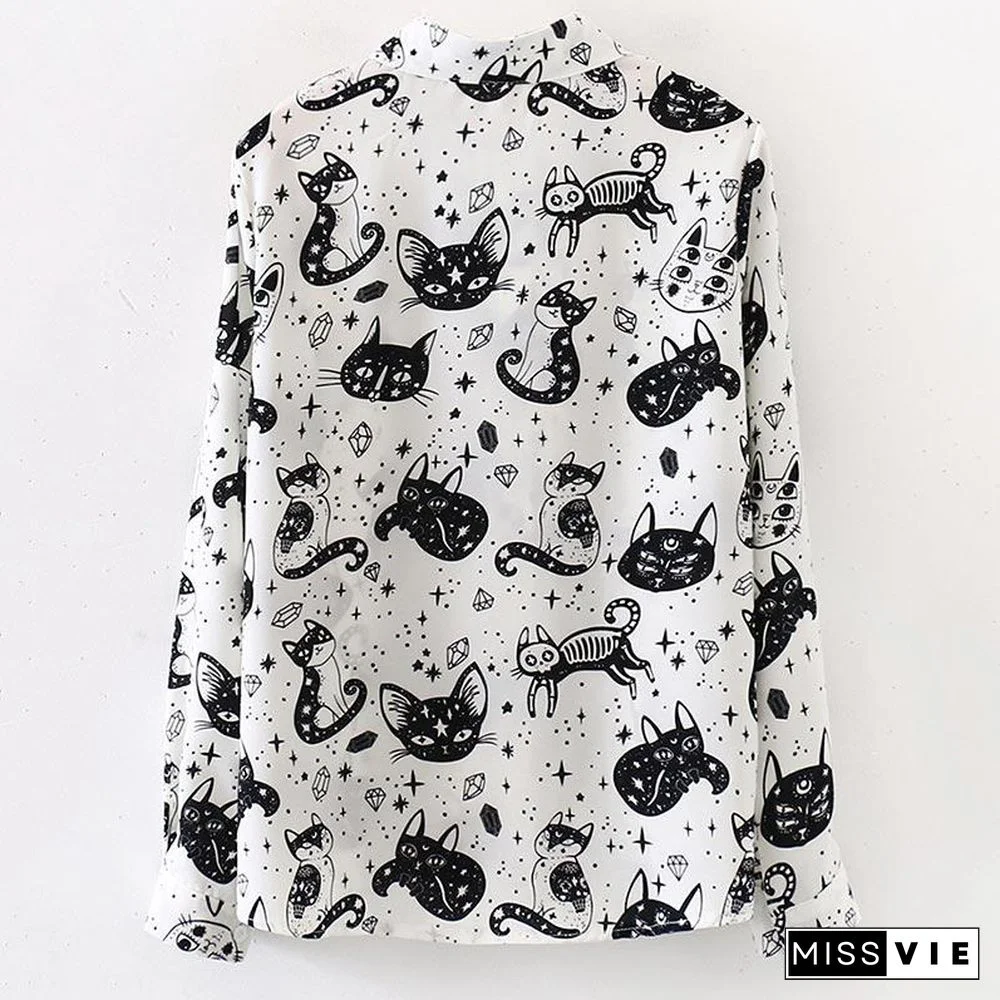 Cute Kitten Print Long Sleeve Shirt