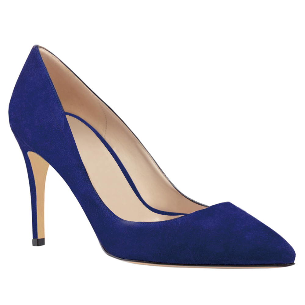 90mm Middle Heels Pointy Toe Pumps Blue Suede-vocosishoes