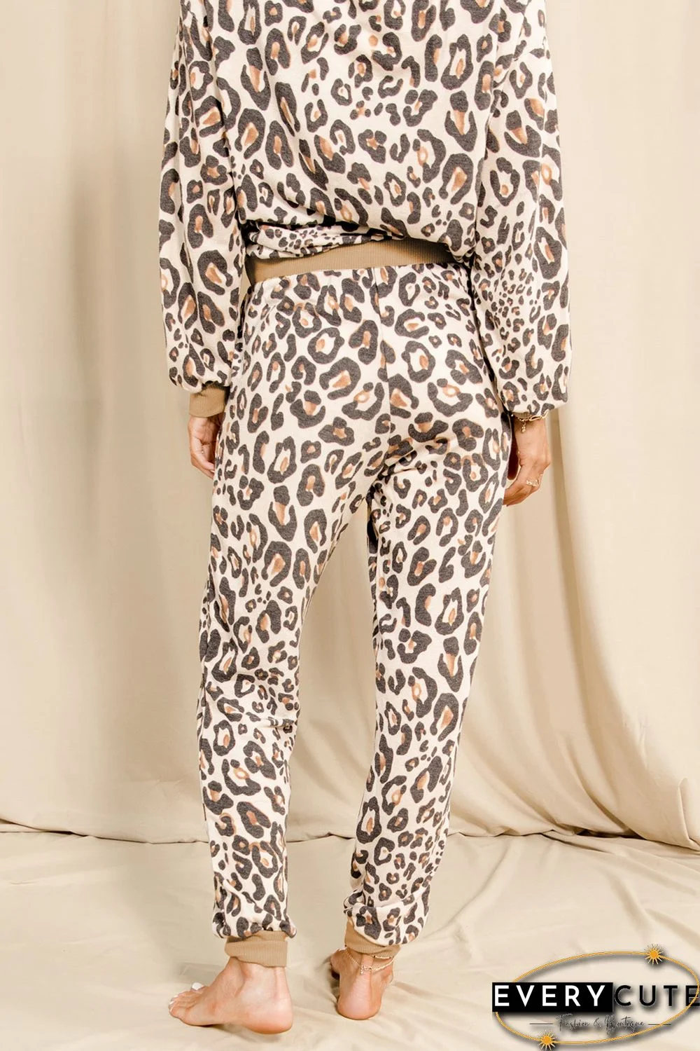 Leopard Print Long Sleeve Top and Drawstring Pants Loungewear
